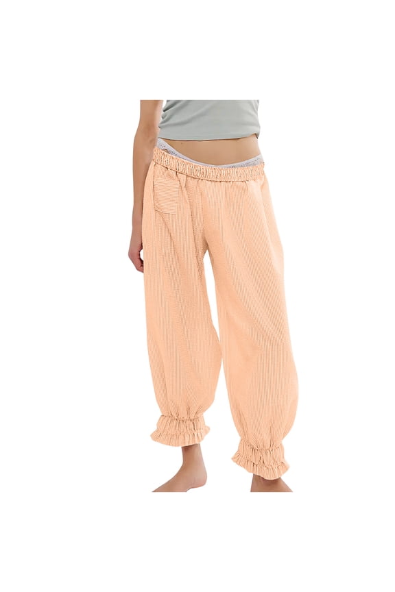 Women Striped Long Bloomer Pants Low Rise Elastic Waist Harem Slacks Casual Going Out Trousers with Pockets