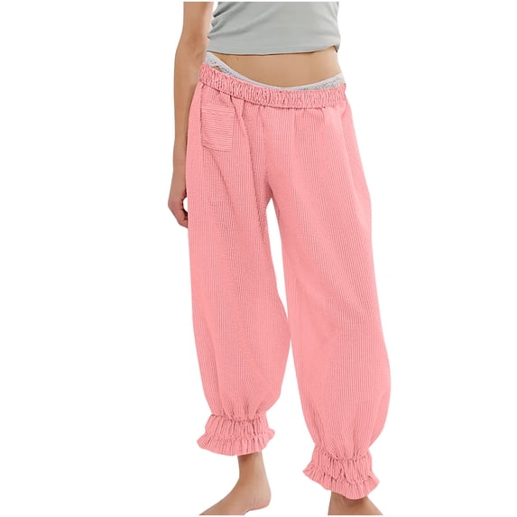 Women Striped Long Bloomer Pants Low Rise Elastic Waist Harem Slacks Casual Going Out Trousers with Pockets