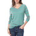 thumbnail image 1 of Women Striped Long Raglan Sleeves V Neck Top Green /M (US 10), 1 of 6