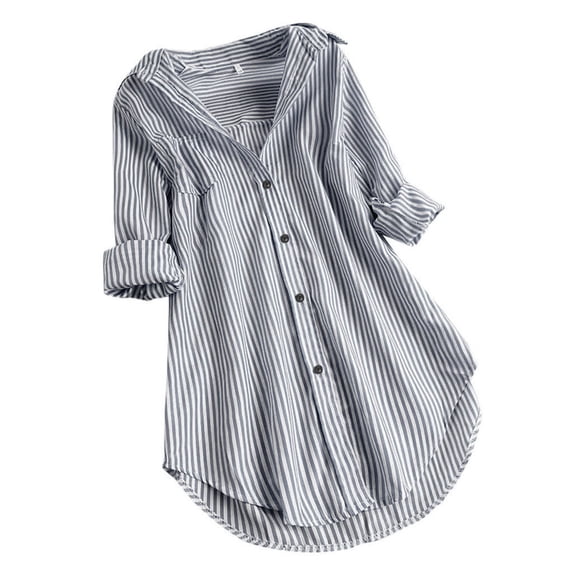 Women Striped Long Sleeve Button Down Shirt Loose Casual Blouse,Navy,L