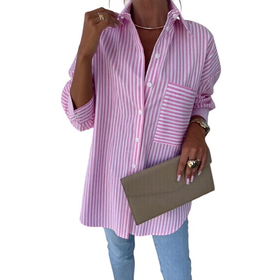 Women Striped Long Sleeve Button Down Shirts Casual Loose Blouse with Pocket Summer Trendy Tops Pink S