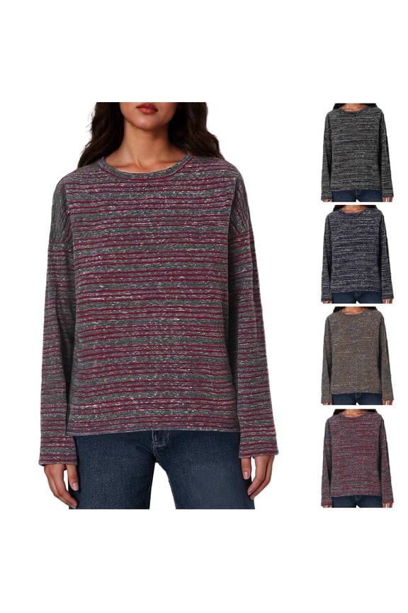 Women Striped Long Sleeve Round Neck Top Blouse Shirt Casual Loose Fit Fashion Horizontal Pinstripe Cover Up for Summer | CSEONE,Khaki XL