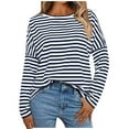 thumbnail image 1 of Women Striped Long Sleeve T Shirt Crew Neck Graphic Tee Shirt Spring Fall Summer Tops Casual Relaxed Fit Navy S, 1 of 6