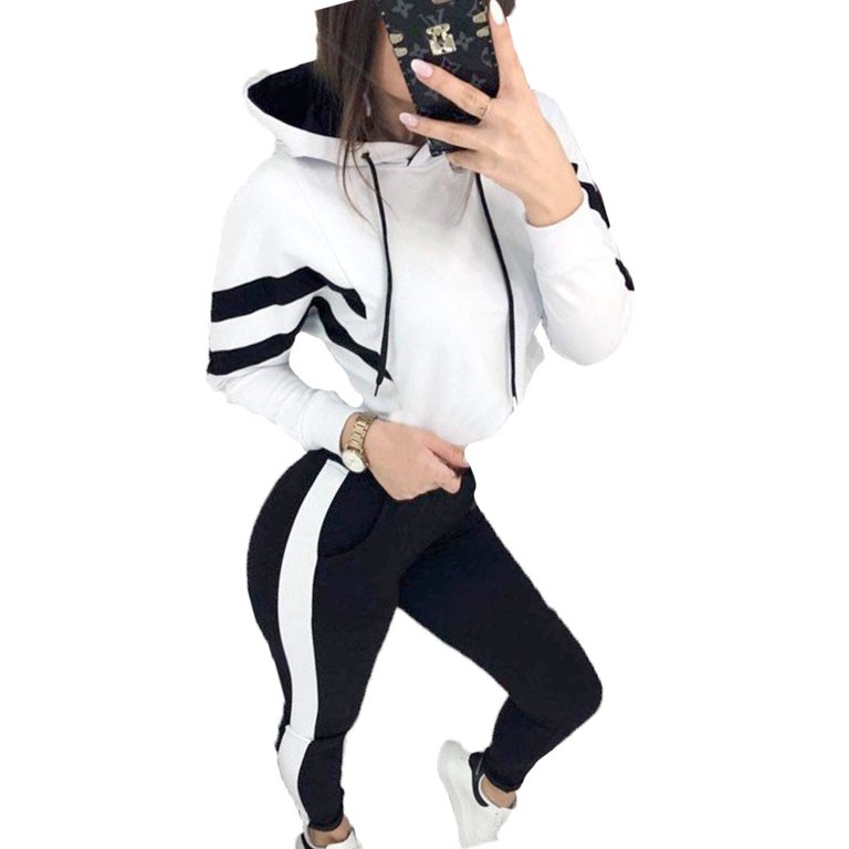 Striped Crop Top Hooded Tracksuit For Women Long Sleeve Sports