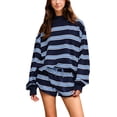 thumbnail image 1 of Women Striped Mock Neck Sweatshirt 2 Piece Outfits Oversized Pullover Elastic Waist Shorts Set Fall Lounge Set L, 1 of 4