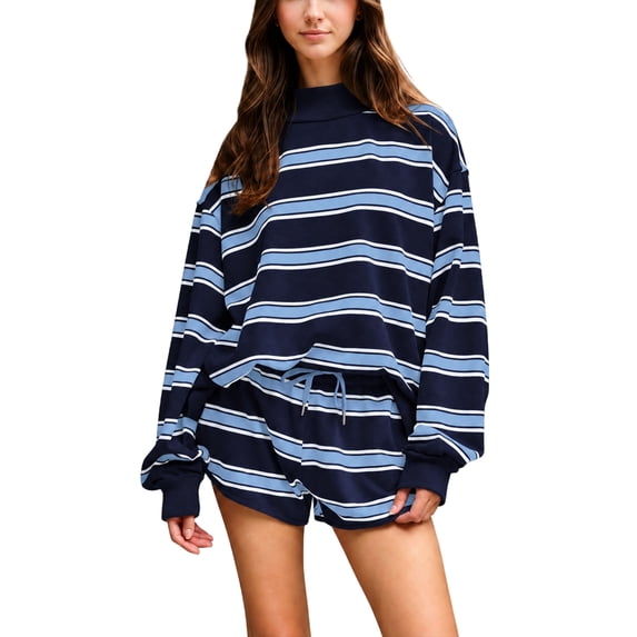 Women Striped Mock Neck Sweatshirt 2 Piece Outfits Oversized Pullover Elastic Waist Shorts Set Fall Lounge Set L