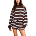 thumbnail image 1 of Women Striped Mock Neck Sweatshirt 2 Piece Outfits Oversized Pullover Elastic Waist Shorts Set Fall Lounge Set M, 1 of 4