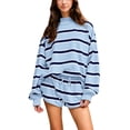 thumbnail image 1 of Women Striped Mock Neck Sweatshirt 2 Piece Outfits Oversized Pullover Elastic Waist Shorts Set Fall Lounge Set XL, 1 of 4
