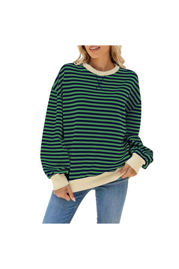 Women Striped Oversized Color Block Long Sleeve Crew Neck Sweatshirt 2024 Fall Trendy Casual Loose Pullover Shirt