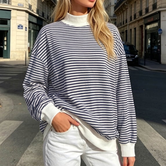 Women Striped Oversized Mockneck Sweatshirt Striped Crew Neck Long Sleeve Pullover Shirt Fall Winter Lounge Tops(Navy,L)