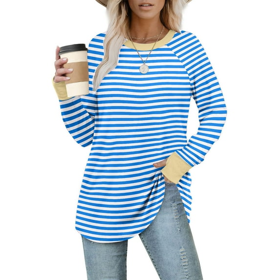 Women Striped Oversized Sweatshirt Color Block Crew Neck Long Sleeve Shirt Casual Pullover Top Fall Y2K Clothes Light Blue M