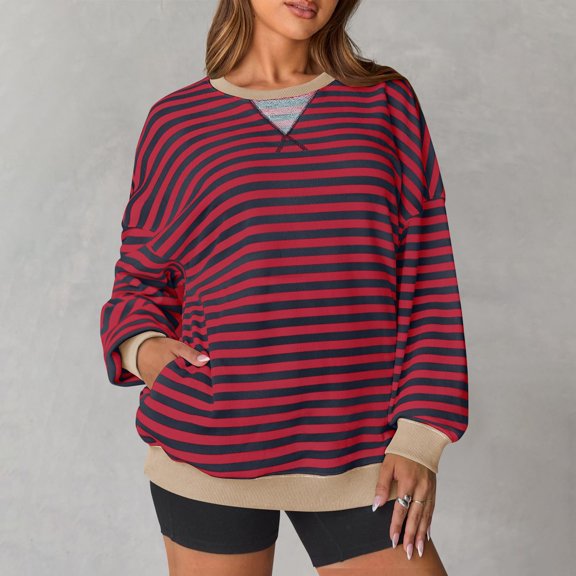 Women Striped Oversized Sweatshirt Crewneck Long Sleeve Shirts Hoodies 2025 Summer Fashion Pullover Top Y2K Outfits 08-Red L