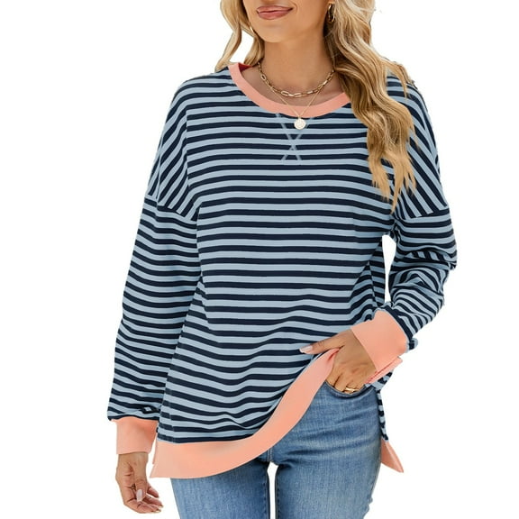 Women Striped Oversized Sweatshirt Crewneck Long Sleeve Shirts Hoodies 2025 Summer Fashion Pullover Top Y2K Outfits 14-Royal Blue XL