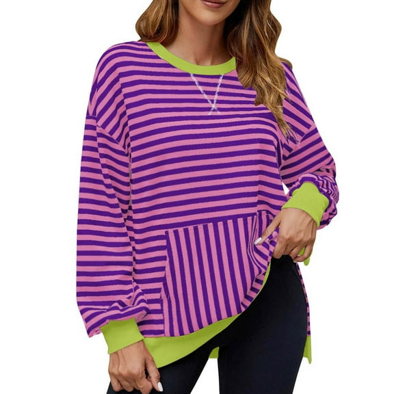 Women Striped Oversized Sweatshirt Trendy Preppy Clothes Drop Shoulder Long Sleeve Crewneck Hoodies Shirts Fall Pullover Tops