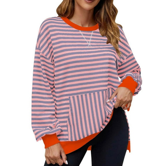 Women Striped Oversized Sweatshirt Trendy Preppy Clothes Drop Shoulder Long Sleeve Crewneck Hoodies Shirts Fall Pullover Tops