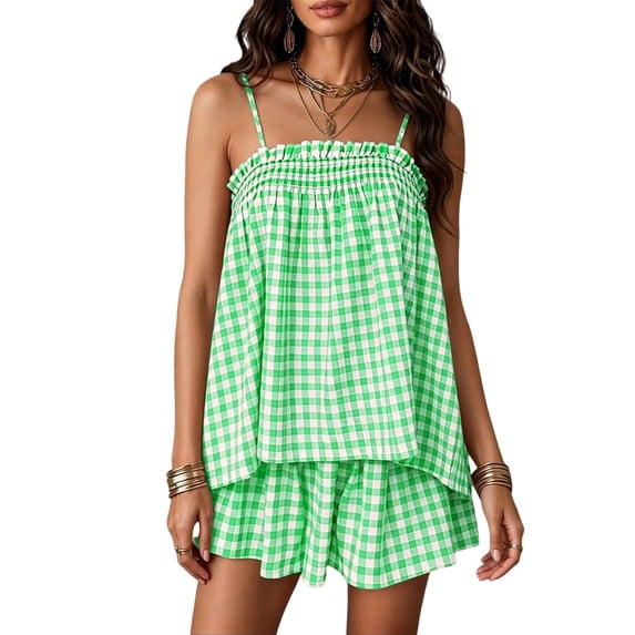 Women Striped Pajama Set Ruffle Hem Spaghetti Strap Cami Top Wide Leg Shorts Set 2 Piece Pj Outfits Green L(L)