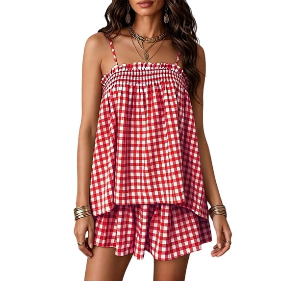 Women Striped Pajama Set Ruffle Hem Spaghetti Strap Cami Top Wide Leg Shorts Set 2 Piece Pj Outfits Wine L(L)