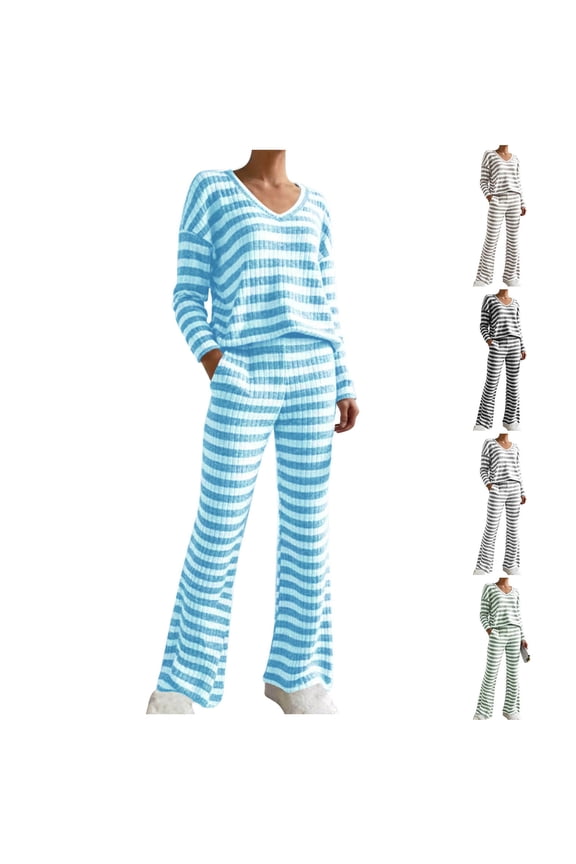 Women Striped Pajamas Set Long Sleeve Knit Loungewear Soft Stretch Sleepwear 2 Piece Lounge Set V Neck Nightwear Pjs