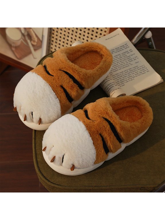 Women Striped Paw Shape Open Back Fleece Slide Slippers, Thick Cushioned Midsole Indoor Bedroom Daily Household Relax Shoes Orange 6-6.5