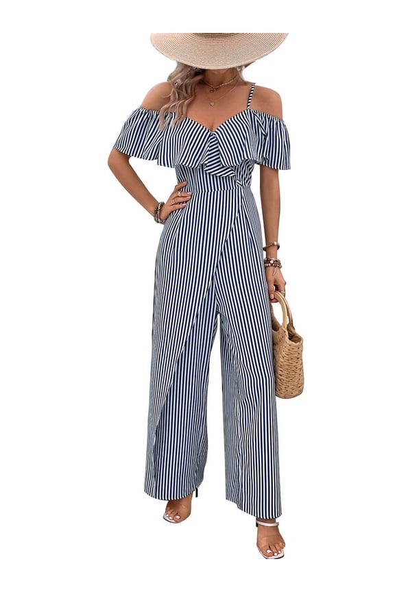Women Striped Pleated Jumpsuits Dressy Summer Suspender Wide Leg Pants Rompers Overalls Navy Blue S