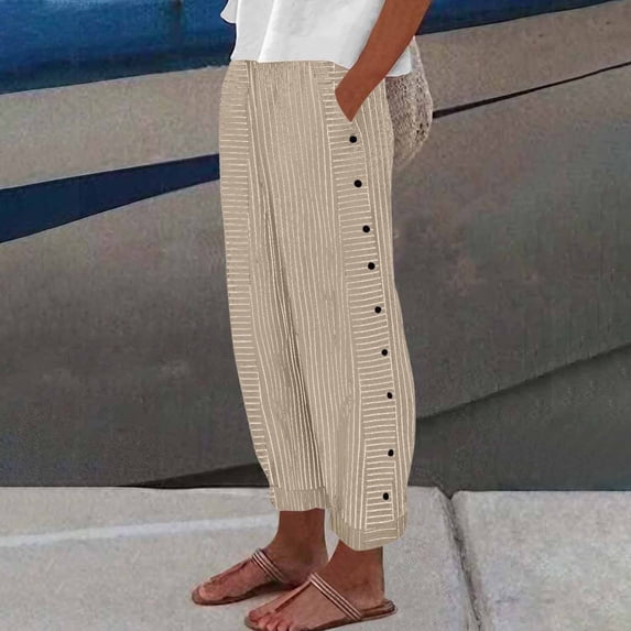 Women Striped Print Side Button Casual Pants, Elastic Waist Loose Straight Pocket Comfort Long Trousers 04-Khaki S