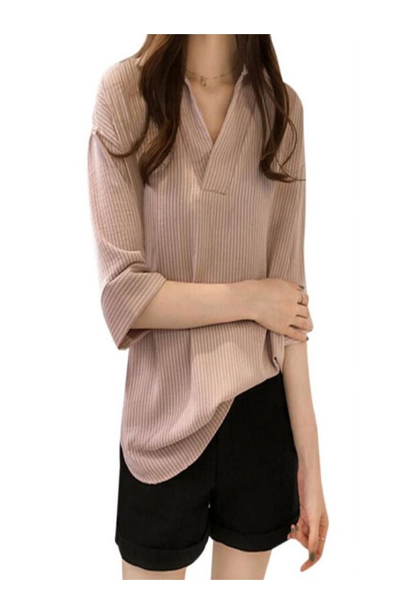 Women Striped Print V-Neck Long Sleeve Shirt Tops Ladies Loose Blouse
