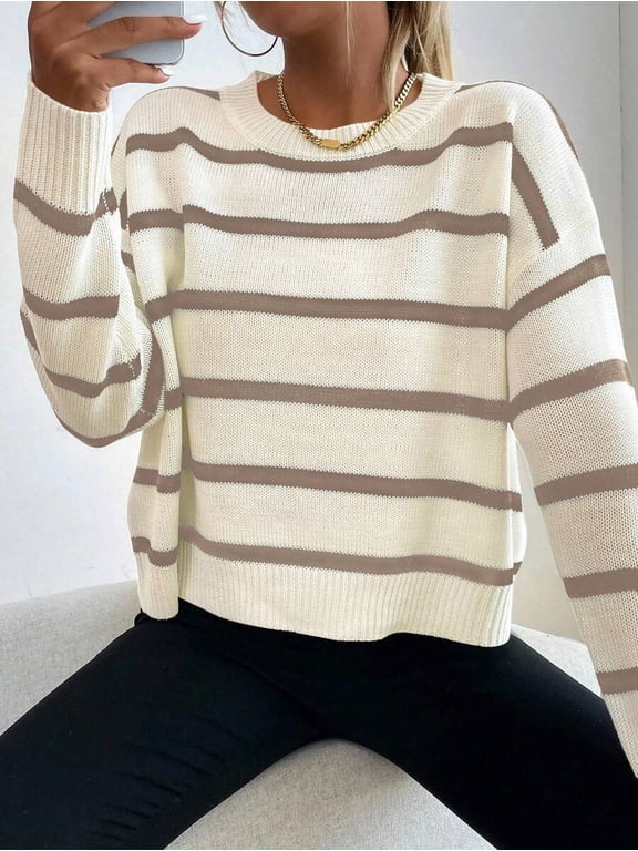 Women Striped Round Neck Dropped Shoulder Long Sleeve Casual Pullover Sweater, Autumn/Winter Knit Pullover Fall