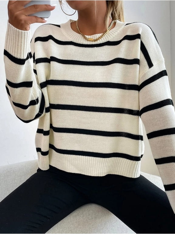 Women Striped Round Neck Dropped Shoulder Long Sleeve Casual Pullover Sweater, Autumn/Winter Knit Pullover Fall