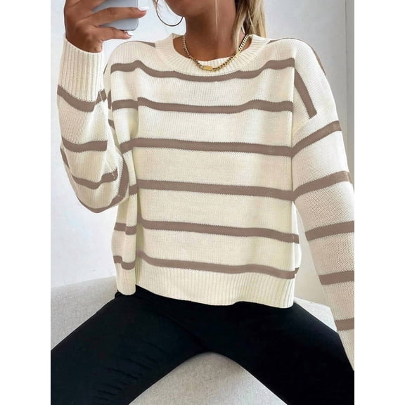 Sprig & Strand Women Striped Round Neck Dropped Shoulder Long Sleeve Casual Pullover Sweater, Autumn/Winter Knit Pullover Fall