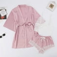thumbnail image 1 of Women Striped Satin 3 Pieces Pajama Set, Short Robe with Lace Cami Tops and Shorts Elegant Bridal Night Loungewear Ladies Nightgowns M, 1 of 9