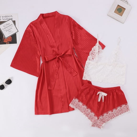 Women Striped Satin 3 Pieces Pajama Set, Short Robe with Lace Cami Tops and Shorts Elegant Bridal Night Loungewear Red Mens Bathrobes M