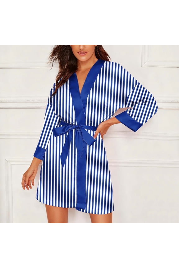 Women Striped Satin Short Robe Wrap Bathrobe with Tie Belt, Casual Nightgowns Loungewear Blue XXL