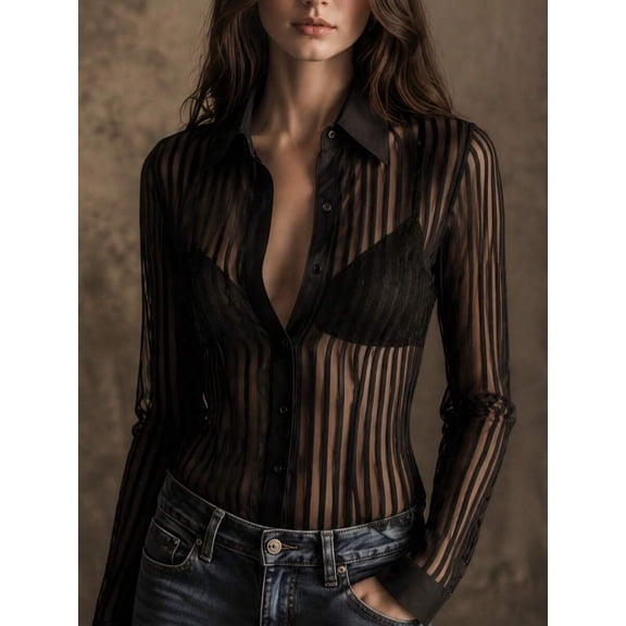 Women Striped Sheer Shirt, Collared Button Down Long Sleeve Slim Fit Blouse