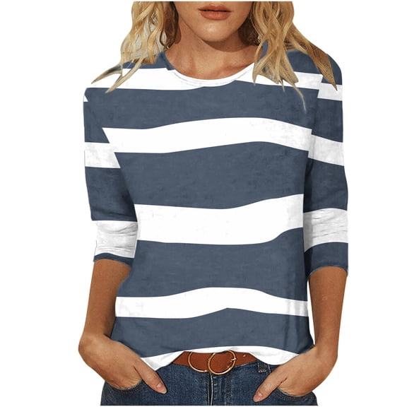 Women Striped Shirts 3/4 Sleeve Blouses Lady Plus Size Tunic Shirt Top Crewneck Pullover Tee Tops