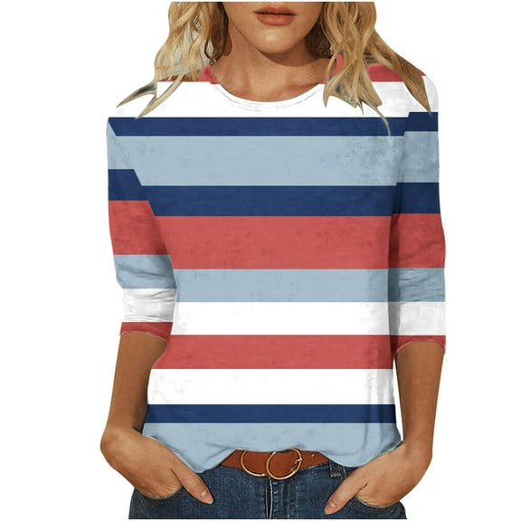Women Striped Shirts 3/4 Sleeve Blouses Lady Plus Size Tunic Shirt Top Crewneck Pullover Tee Tops
