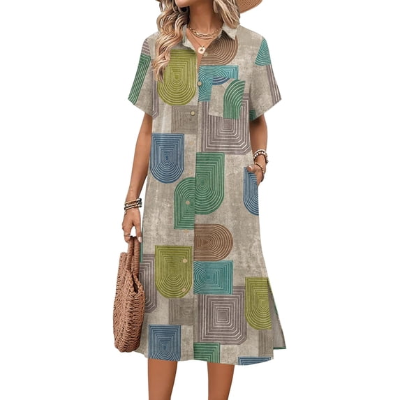 Women Striped Short Sleeve Collared Button Down Midi Shirt Dress, Casual Beach Cover Up