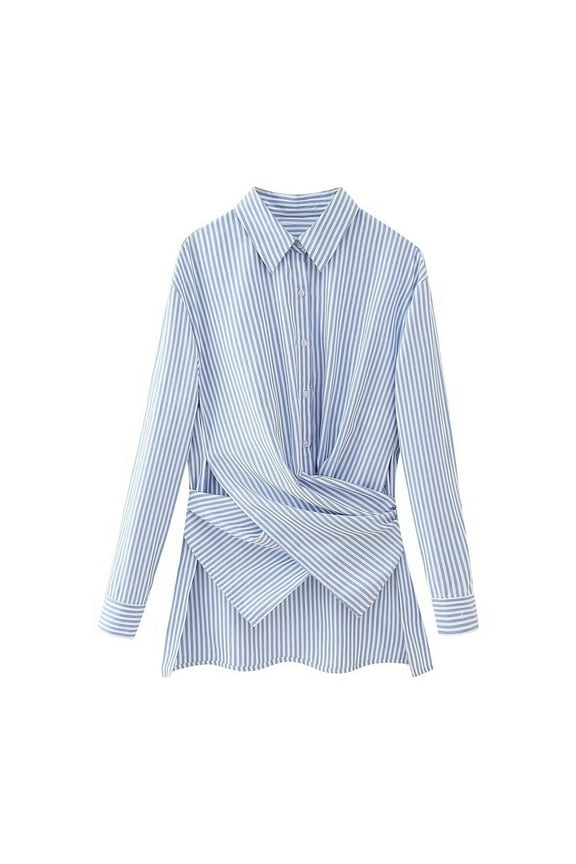 Women Striped Smock Blouse Dressy Office Work Shirts Casual Loose Button Down Tee With Strap Shirts