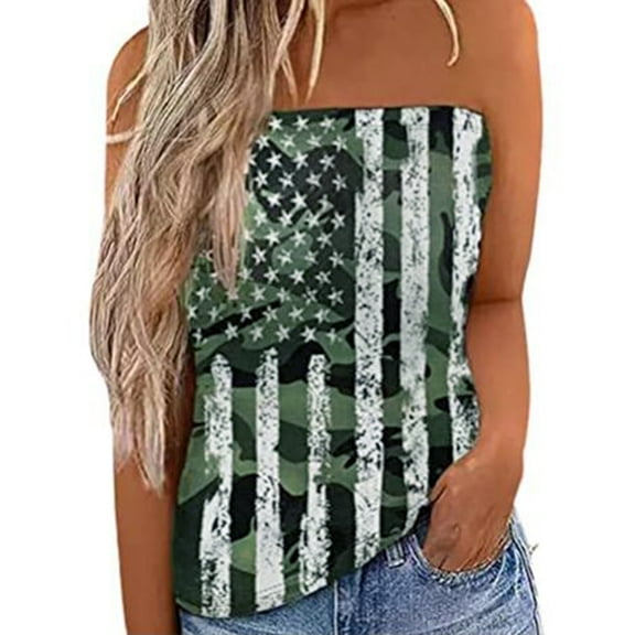 Women Striped Strapless Bandeau Tank top Casual Summer Vacation Loose Holiday Tube Top American Flag Tee Shirt Blouse