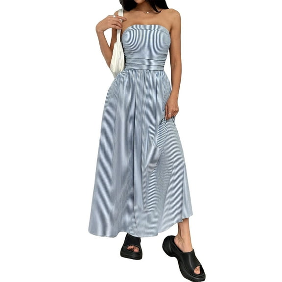 Women Striped Strapless Sleeveless Flowy Summer Casual Tube Maxi Long Dress with Pockets Blue S
