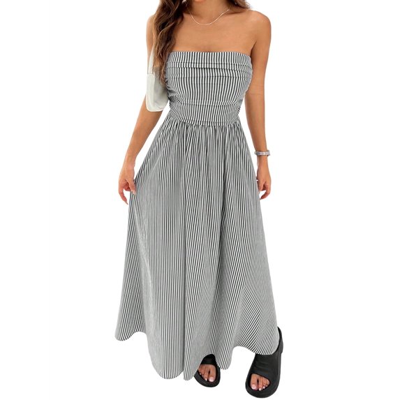 Women Striped Strapless Sleeveless Flowy Summer Casual Tube Maxi Long Dress with Pockets Grey S