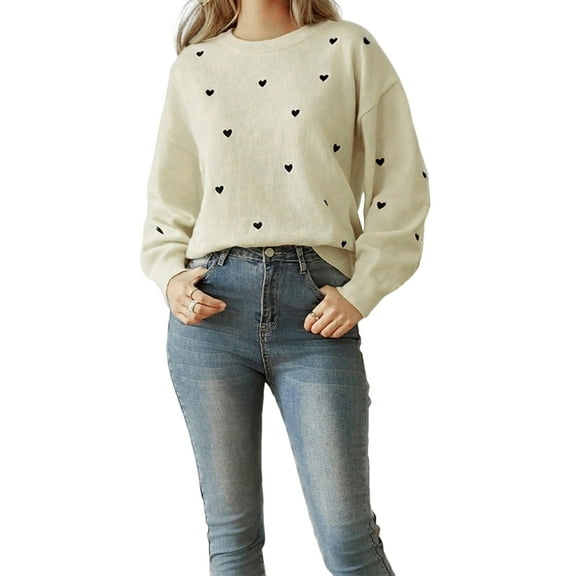 Women Striped Sweater Long Sleeve Fall Round Neck Pullover Knit Tops Cute Casual Oversized Y2K Clothes Light Apricot M