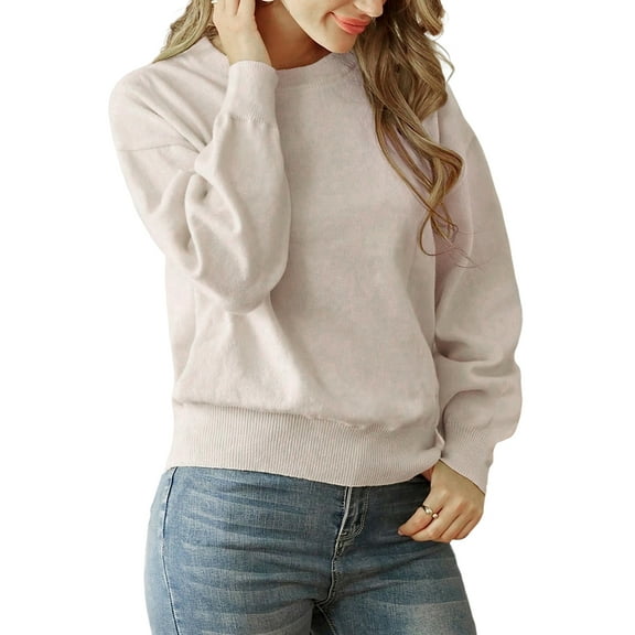 Women Striped Sweater Long Sleeve Fall Round Neck Pullover Knit Tops Cute Casual Oversized Y2K Clothes Solid Apricot L