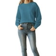 thumbnail image 1 of Women Striped Sweater Long Sleeve Fall Round Neck Pullover Knit Tops Cute Casual Oversized Y2K Clothes Solid Haze Blue L, 1 of 9