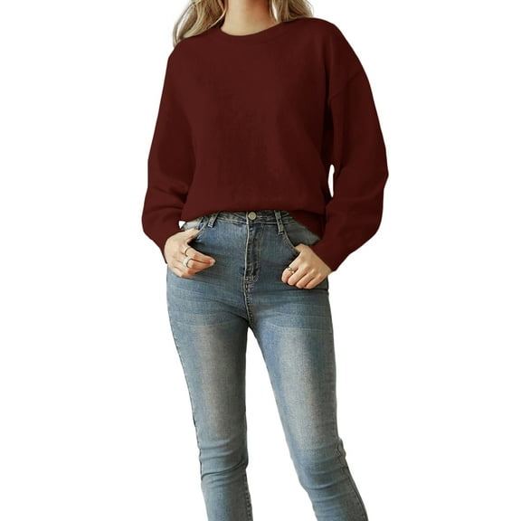 Women Striped Sweater Long Sleeve Fall Round Neck Pullover Knit Tops Cute Casual Oversized Y2K Clothes Solid Wine Red L