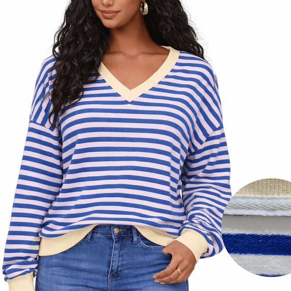 Women Striped Sweatshirts Long Sleeve Oversized Pullover Tops V Neck Fall Casual Loose Sweater