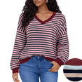 thumbnail image 1 of Women Striped Sweatshirts Long Sleeve Oversized Pullover Tops V Neck Fall Casual Loose Sweater, 1 of 4