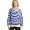 thumbnail image 1 of Women Striped Sweatshirts Long Sleeve Oversized Pullover Tops V Neck Fall Casual Loose Sweater, 1 of 4