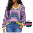 thumbnail image 1 of Women Striped Sweatshirts Long Sleeve Oversized Pullover Tops V Neck Fall Casual Loose Sweater, 1 of 5
