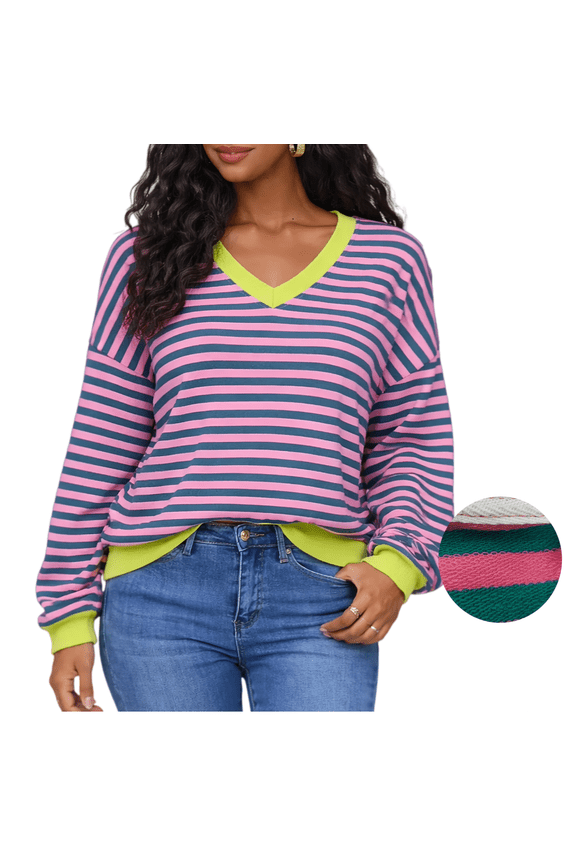 Women Striped Sweatshirts Long Sleeve Oversized Pullover Tops V Neck Fall Casual Loose Sweater
