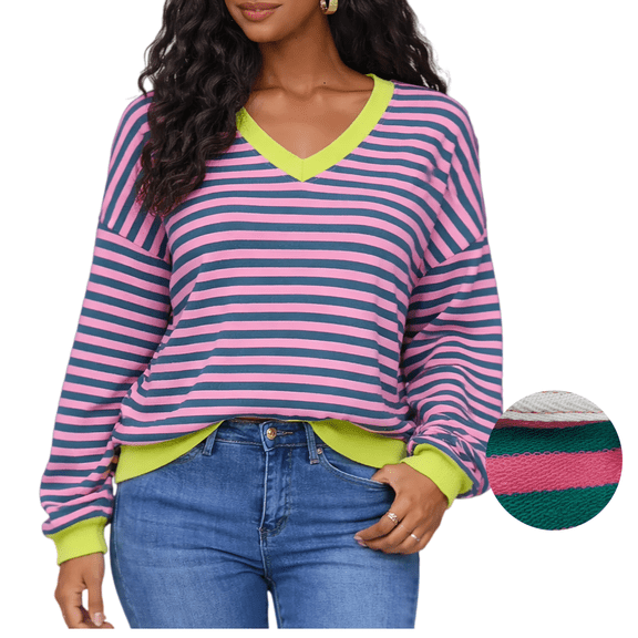 Women Striped Sweatshirts Long Sleeve Oversized Pullover Tops V Neck Fall Casual Loose Sweater